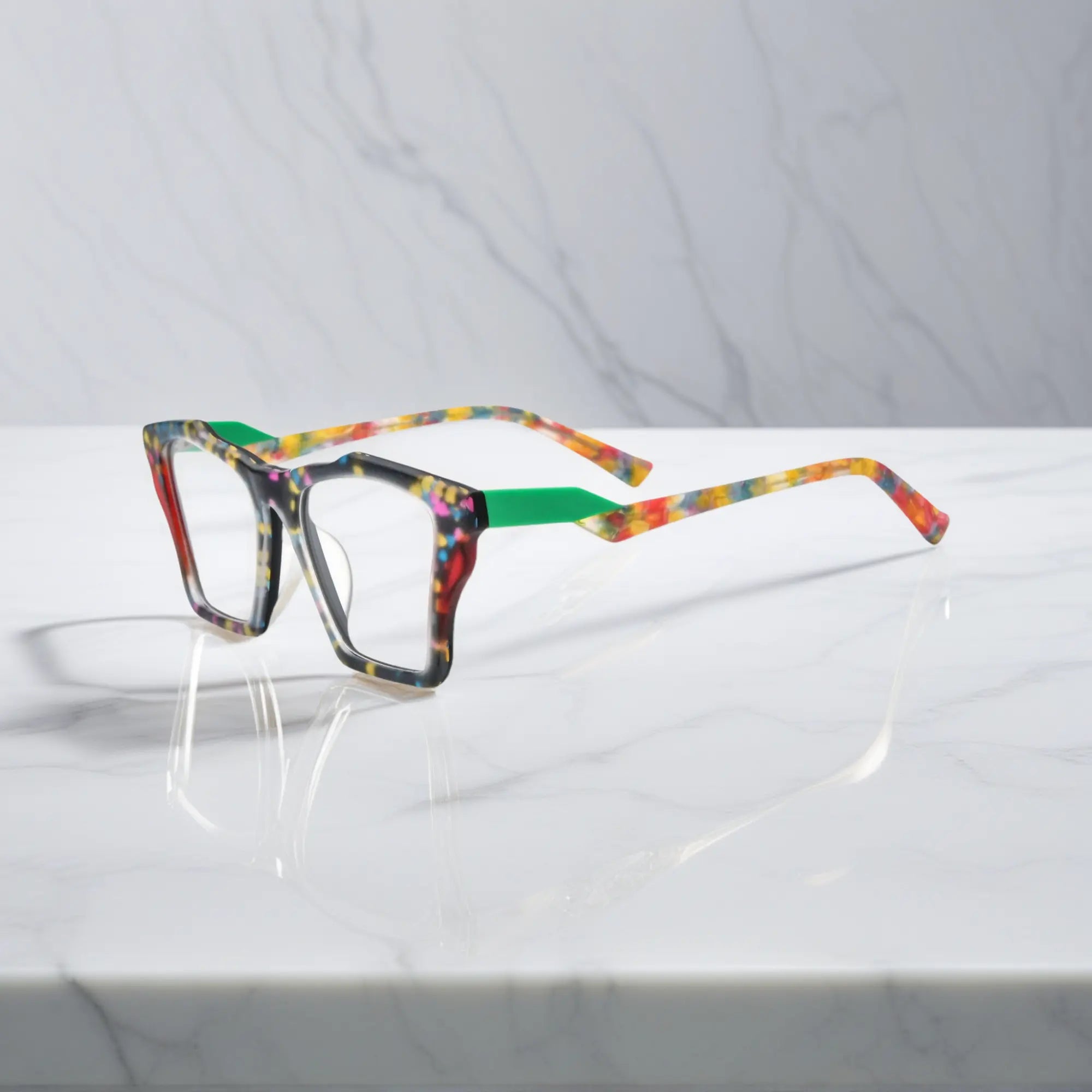 Side profile of VoyueLens™ Crystal Confetti glasses, highlighting translucent frosted acetate with pastel speckles and ergonomic acetate arms.